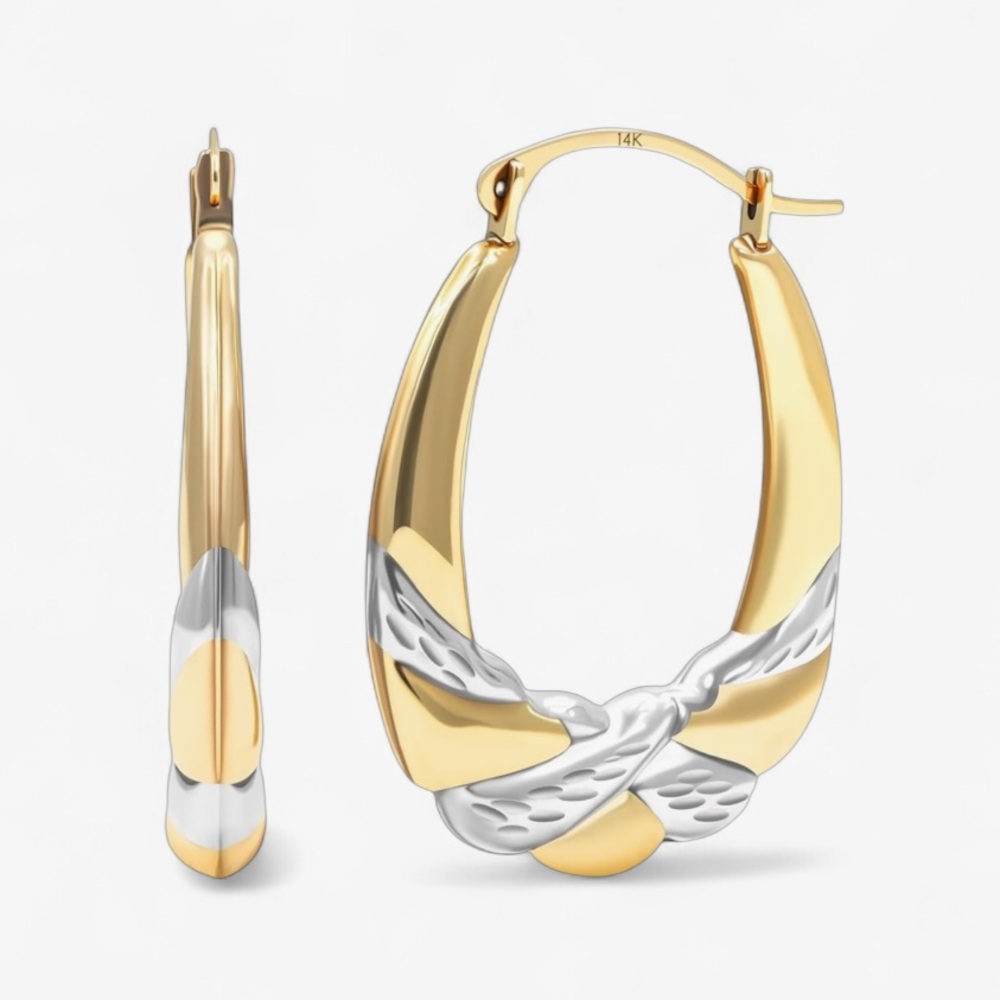 Solid 14K Yellow & White Gold Oval Diamond Cut Design Hoop Earrings